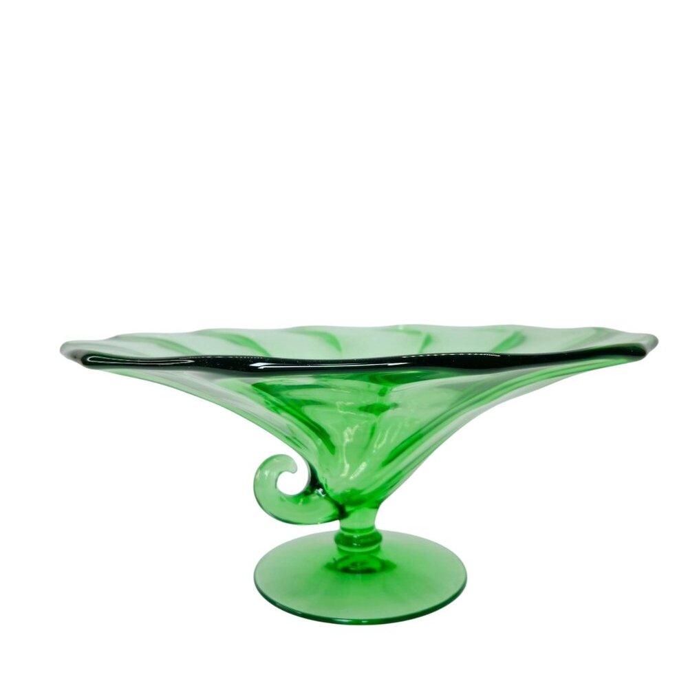 VTG Fostoria #2398 Cornucopia Bowl Green Uranium Depression Glass Pedestal w/ Sw